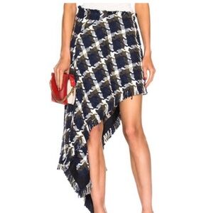 MONSE Navy Plaid Asymmetrical Fringe Skirt